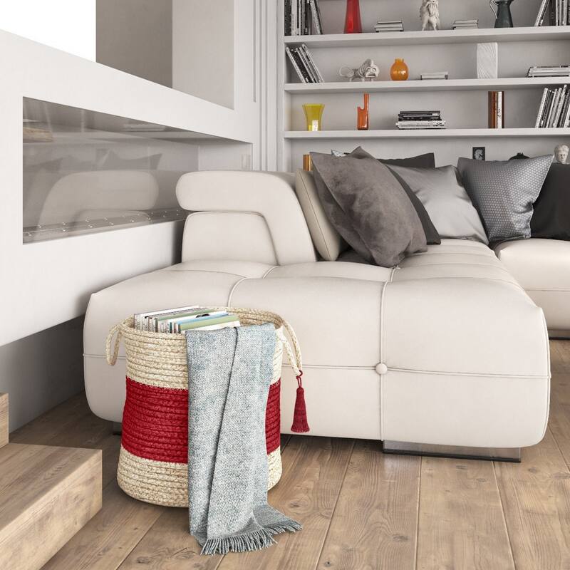 Sevita Bold Striped Off-White Jute Decorative Storage Basket with Handles - 19" x 19" x 19" - Bleached White/Off-White/Cranberry Red