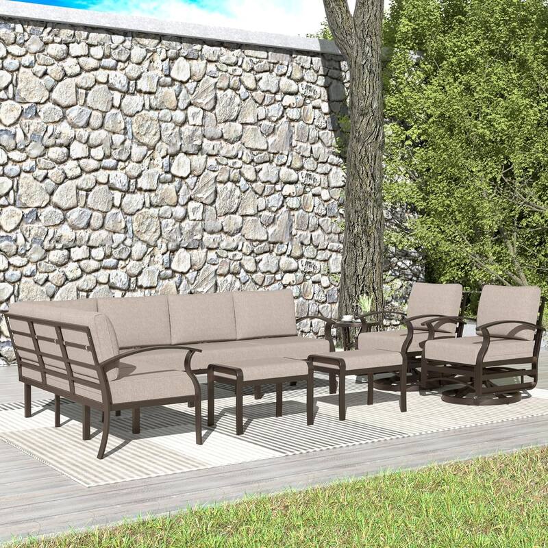 Kullavik Aluminum Corner Sofa Set, Patio Outdoor Sectional Sofa Set with Armrests and Footrests - 10 Seats/Swivel - Khaki