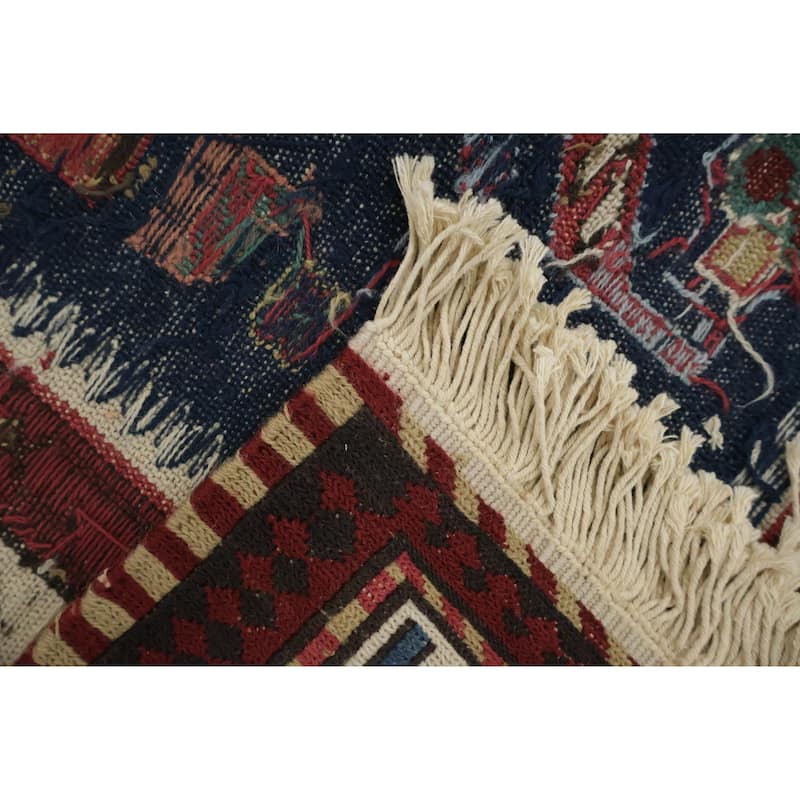 Hand Woven Oriental 100% Wool Carpet Traditional Geometric Navy Blue & Blues Sumak Area Rug - 14' 0'' X 10' 6''