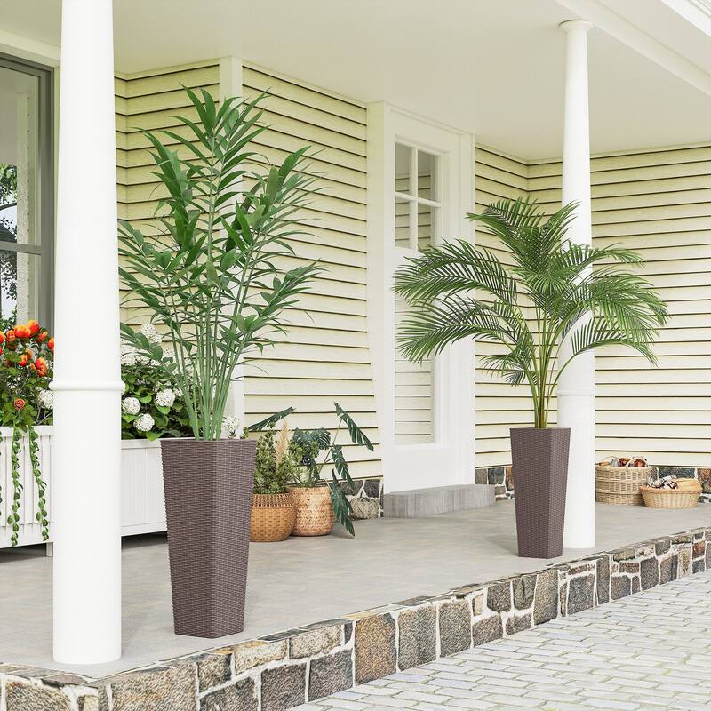 Outsunny 23.6 Inch Tall Planters for Outdoor Plants, Set of 2 Plastic Rattan-Like Flower Pots Front Porch - Brown