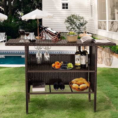 Outdoor Wicker Bar Patio Rattan Counter Table with 2 Steel Shelves