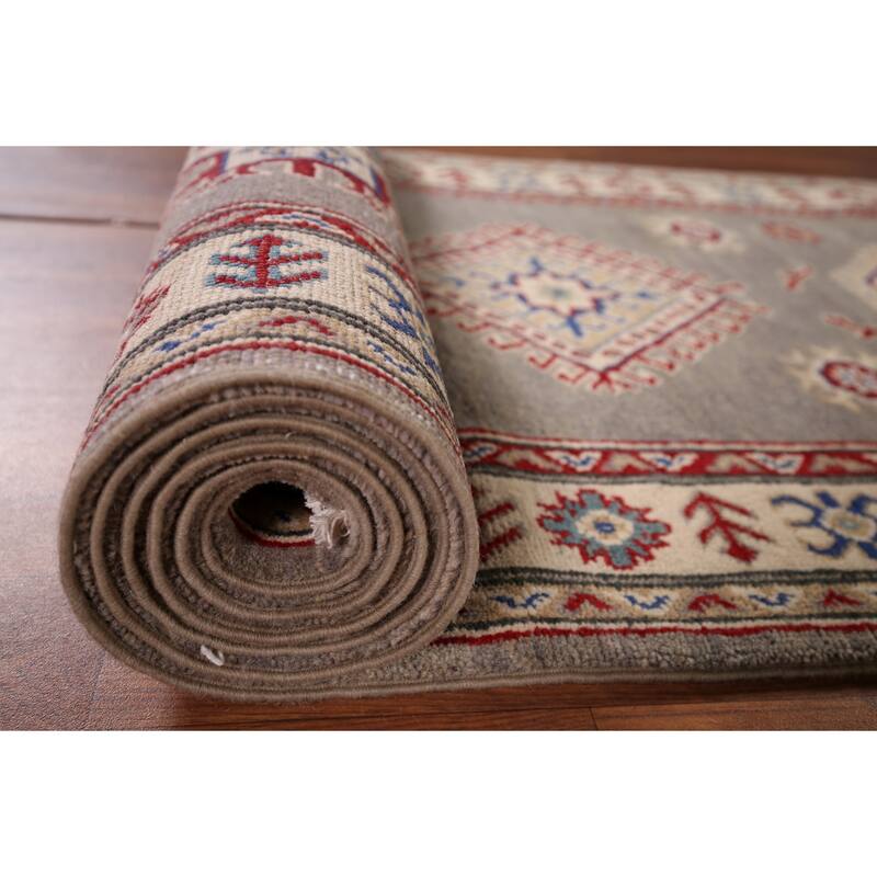 Gray Geometric Kazak Runner Rug Handmade Oriental Wool Carpet - 2'8" x 19'5"