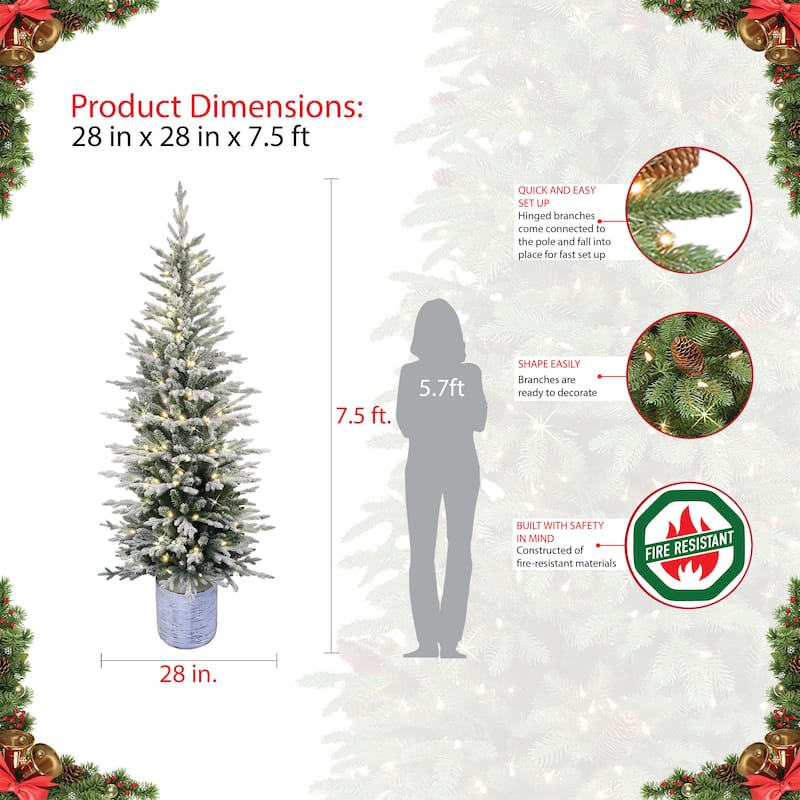 Puleo International 7.5' Pre-Lit Potted Flocked Arctic Fir Pencil Artificial Christmas Tree - 7.5