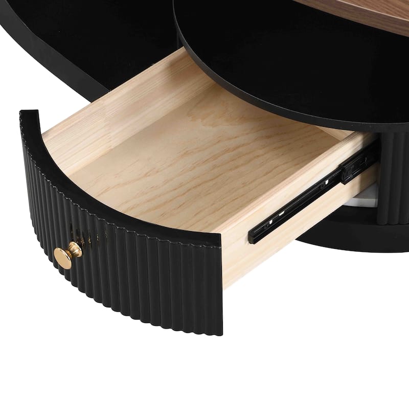 Nesting Coffee Table Set of 2, Wood Top Storage Center Table with Drawers, Oval Cocktail Table and Round Side Table Set