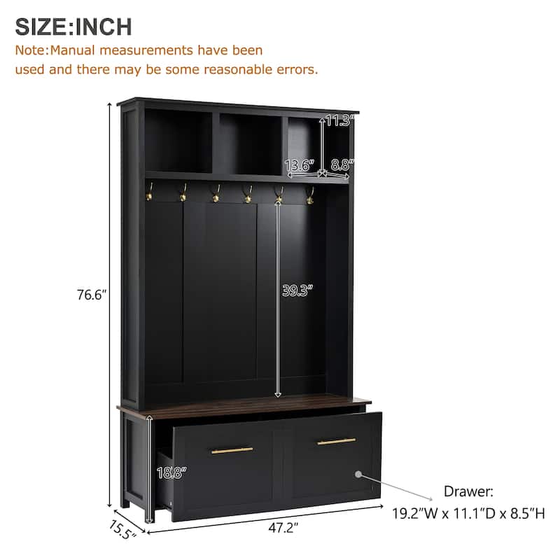 4-in-1 Hall Tree, 6 Gold Hooks, Wood Grain Bench, 2 Drawers, Entryway Organizer, 47.2W x 15.5D x 76.6H