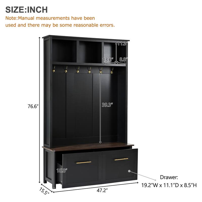 4-in-1 Multi-Functional Hall Tree – Wood Grain Storage Bench with 6 Golden Hooks & 2 Drawers – Entryway Organizer for Hallway