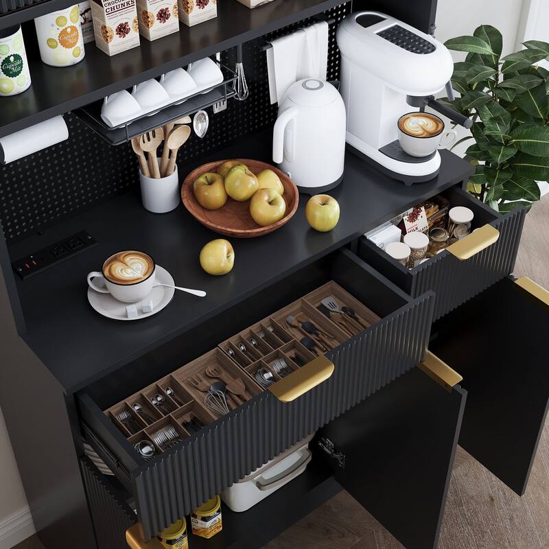 Gymojoy 71" Kitchen Pantry Cabinet with Power Outlets & Pegboard, Freestanding Food Storage Hutch with Microwave Stand