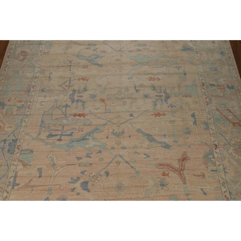 Floral Pink Oushak Turkish Area Rug Hand-Knotted Wool Carpet - 9'7"x 12'0"