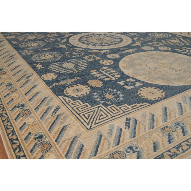 Hand Knotted Oriental 100% Wool Carpet Transitional Geometric Navy Blue & Blues Oushak Area Rug - 12' 0'' X 9' 2''
