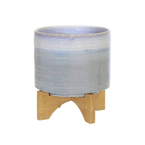 Planter with Ceramic and Wooden Stand, Blue and Brown