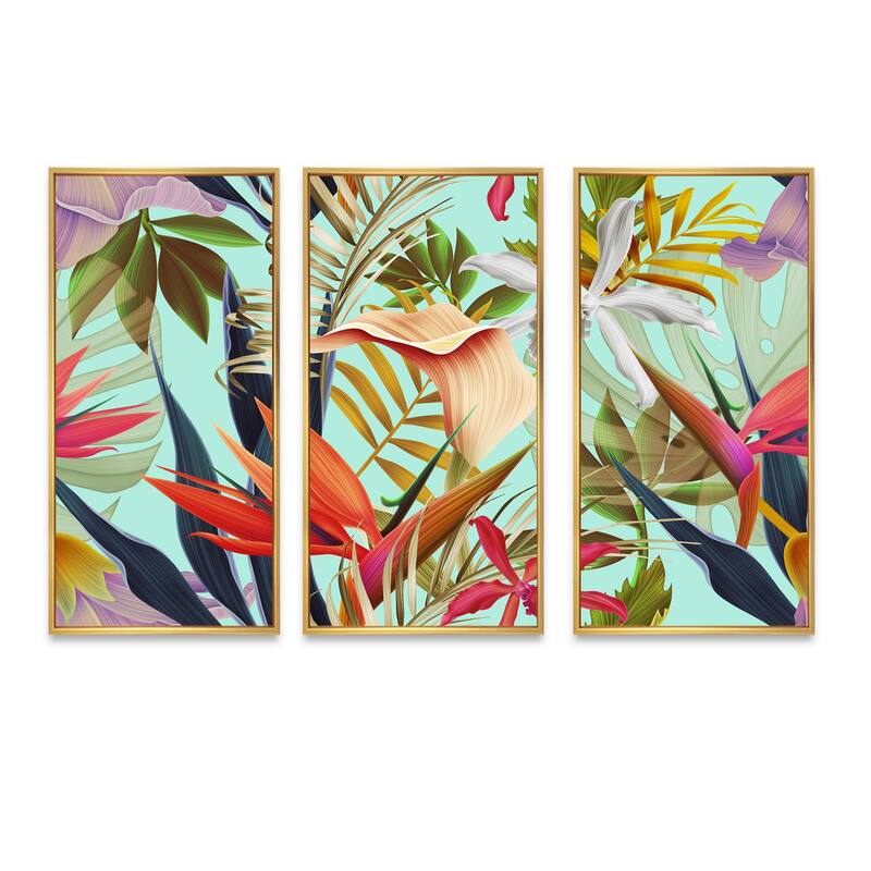 Designart "Tropical VIntage Flowers II" Tropical Framed Art Set of 3