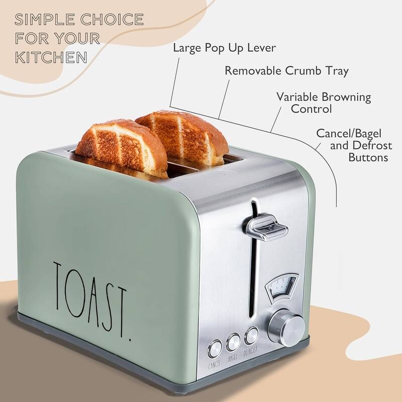 Rae Dunn Toaster, Stainless Steel 2 Slice Square Toaster, Wide Slot with 5 Browning Levels, with Bagel, Defrost