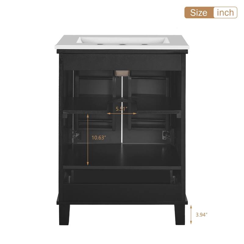 24-Inch Bathroom Vanity With Single Sink, Solid Wood Frame + Mdf, 2 Soft-Close Doors, 1 Divided Drawer, Dual Storage Shelves