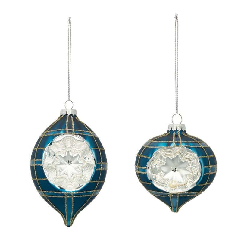 Plaid Reflector Glass Christmas Ornaments - 4" - Blue - 12ct