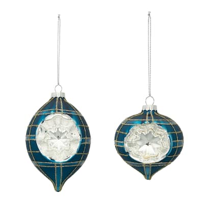 Plaid Reflector Glass Christmas Ornaments - 4" - Blue - 12ct