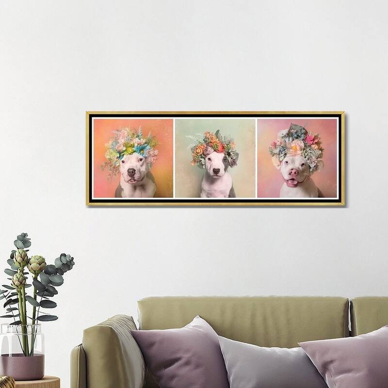 iCanvas "Pit Bull Flower Power, Lucy, Treasure And Rain" by Sophie Gamand Framed Canvas Print
