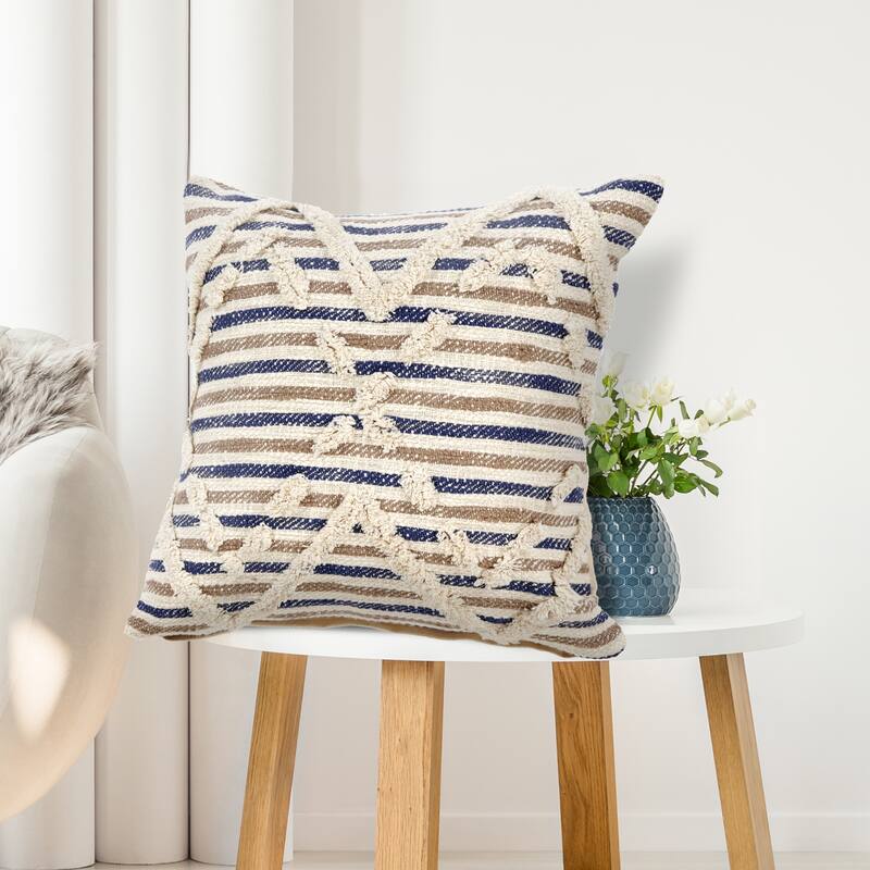 Handwoven Textured Stripe Square Throw Pillow - 20" - Tan and Blue