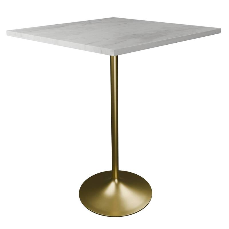 LeisureMod Verve Square Bar Dining Table with White Resin TableTop and Gold Steel Base for Kitchen & Dining Room