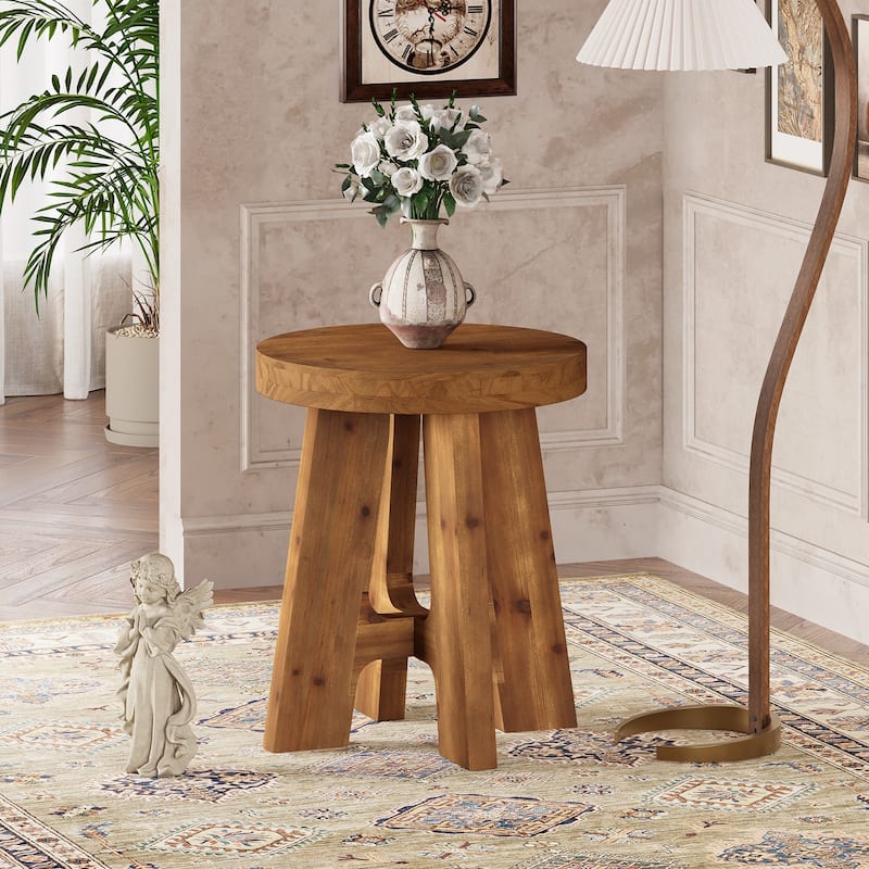 Solid Wood Round End Table, Farmhouse Small Round Side Table