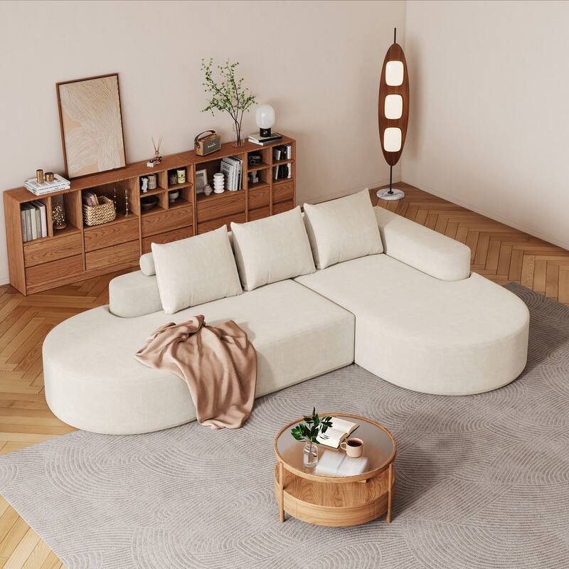 L Shaped Modular Curved Sectional Sofa, Chenille Upholstered 3 Seat Sofa, Corner Sofa with 3 Pillows for Living Room, Bedroom