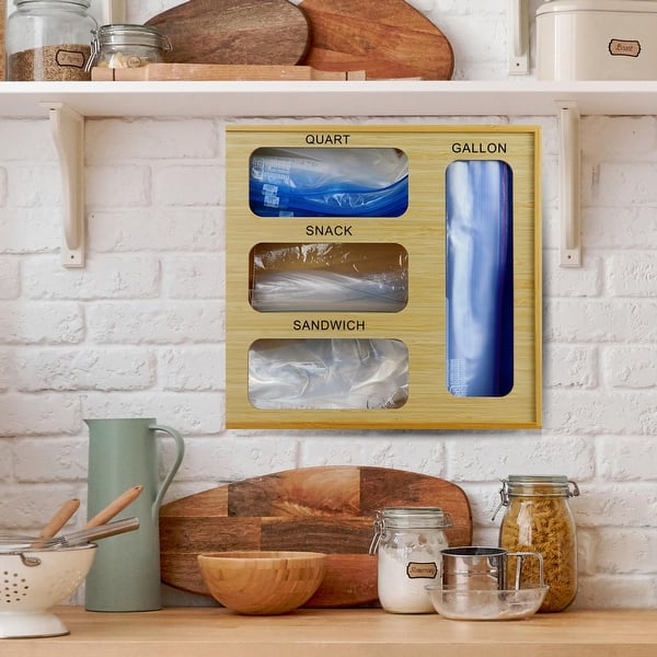 Bamboo ziplock storage organizer for kitchen drawer, sandwich bag storage, ziplock bag dispenser for gallons, quarter, sandwich, snacks and snack bags Bamboo ziplock storage organizer for kitchen drawer, sandwich bag storage, ziplock bag dispenser for gallons, quarter, sandwich, snacks and snack bags