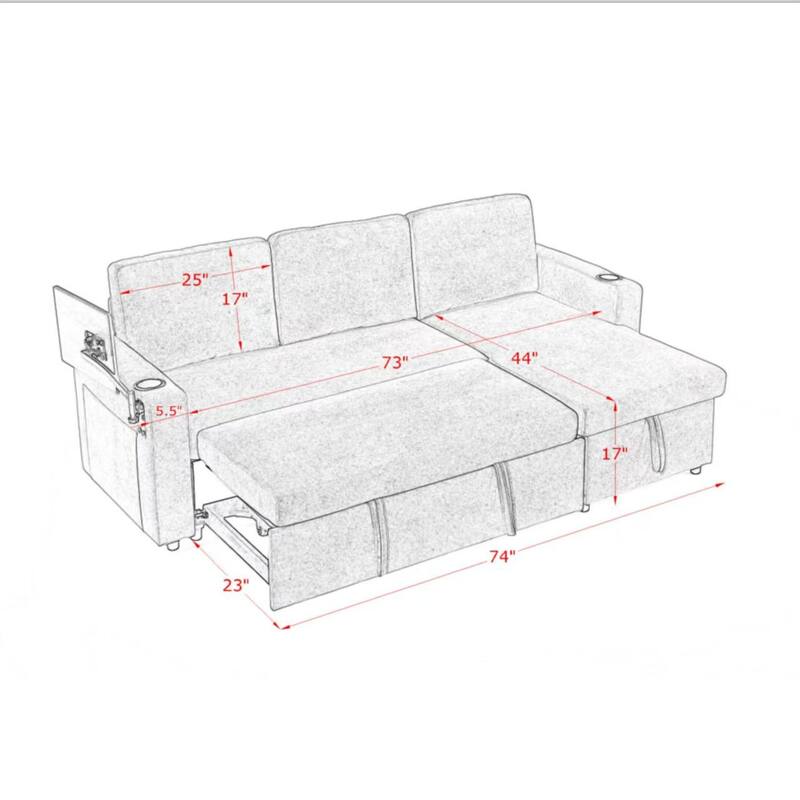 Roomfitters Modern Chenille Pull-Out Bed Sofa with Retractable Table, LED Lighting, USB Ports and Cup Holders