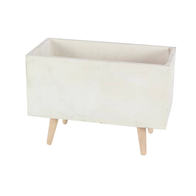Fiberclay Ceramic Rectangular Indoor Outdoor Planter with Brown Wooden Legs - Set of 2 White - Roche River Decor