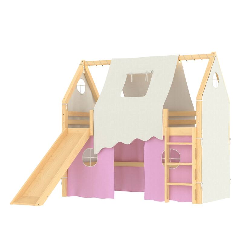 Fairytale Loft Bed Wooden House Bed with Tents, Light Strip and Slide