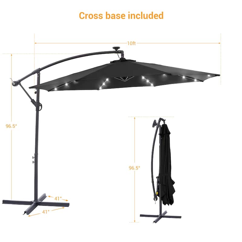 10Ft LED Patio Offset Umbrella Hanging Circle Umbrellas,w/Cross Base