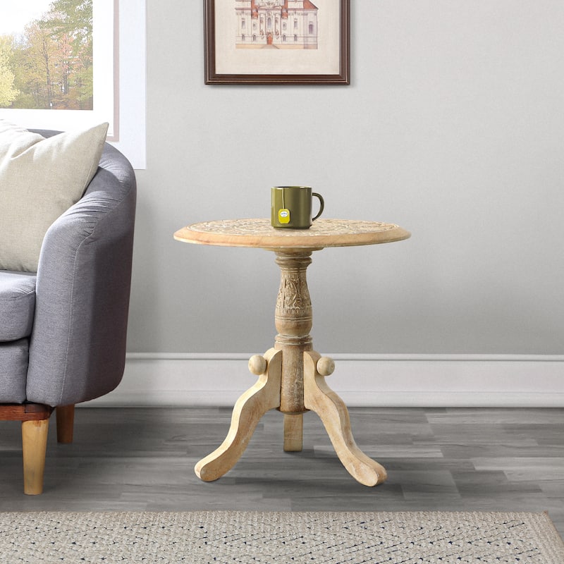 Intricately Carved Round Top Mango Wood Side End Table with Pedestal Base, Brown and White