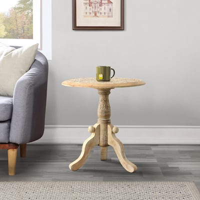 Intricately Carved Round Top Mango Wood Side End Table with Pedestal Base, Brown and White