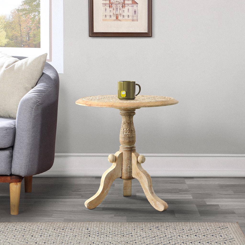 Intricately Carved Round Top Mango Wood Side End Table with Pedestal Base, Brown and White