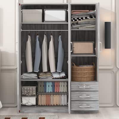 2-Doors Wooden Storage Wardrobe Armoire with Shelves and 3 Drawers