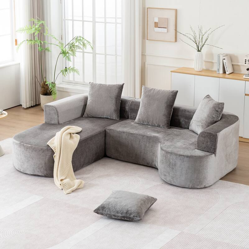 Convertible Sectional Sofa with L-Shape Chaise, Corduroy Upholstered Sleeper Sofa, Modular 3 Seat Compression Sofa - Grey