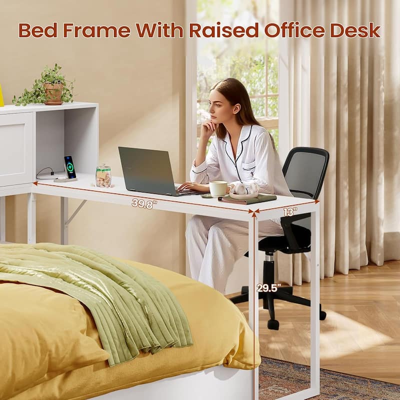 Loft Bed L Shaped Desk Daybed Power Outlet LED Light Drawers Shelves