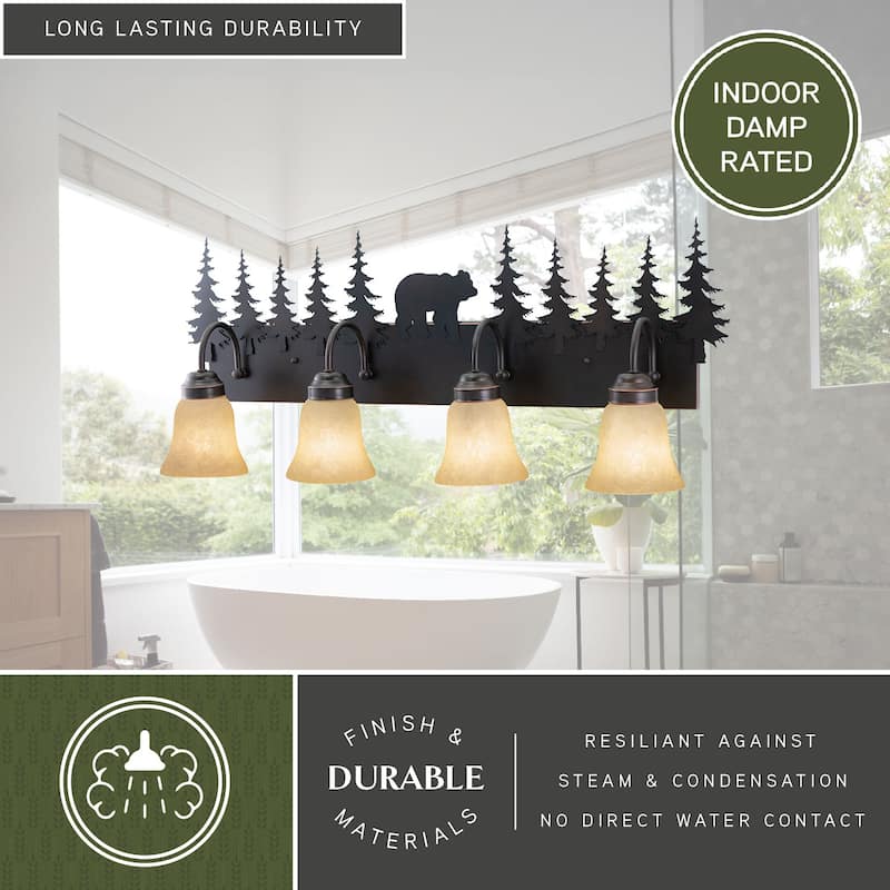 Bozeman 4-Light 33 in. W Burnished Bronze Rustic Cabin Bathroom Vanity Lighting Fixture, Amber Flake Glass Shade, Bear and Trees