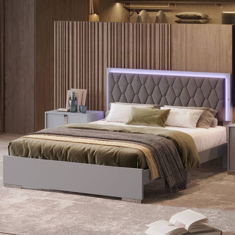 Grey Queen Size Upholstered Bed with LED Light - Grey