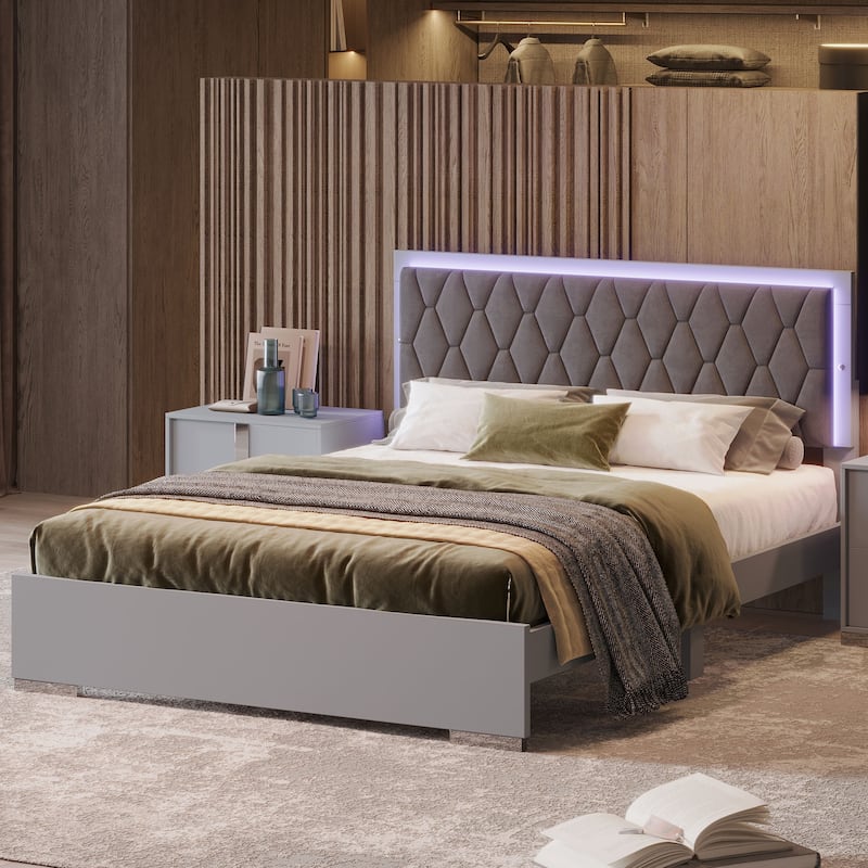Queen Platform Bed with LED Lighting & Velvet Headboard - Sleek and Comfortable Design - Grey-1 - Queen