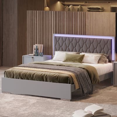Queen Size Upholstered Bed with LED Lights,Modern Platform Bed with Velvet Headboard,Grey