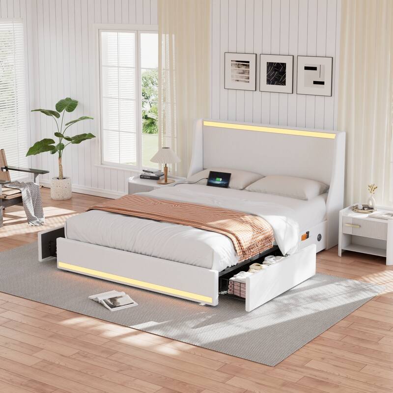 Upholstered LED Bed Frame with 2 Storage Drawers and Wingback Headboard Linen Fabric Platform Bed with Charing Station