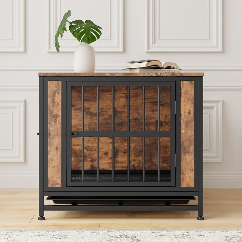 Living Room Dog Cage Wooden Dog Crate Table Dog Kennel with 2 Sliding Doors Dog House for Small Dog