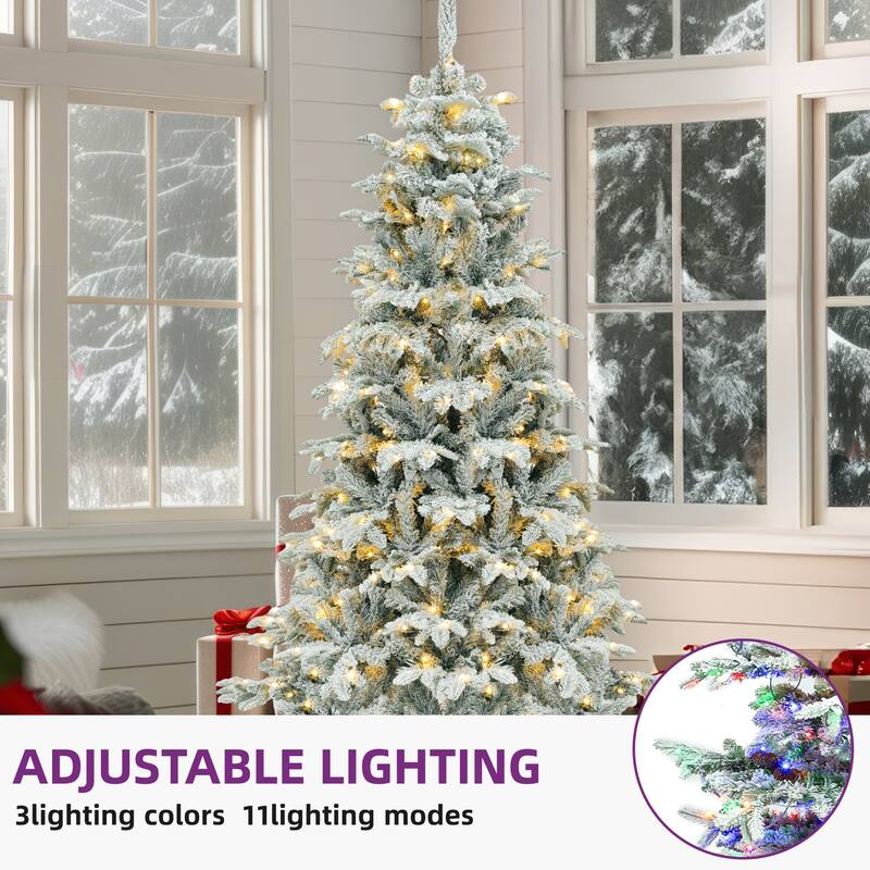 6.5 Ft Pre-Lit Snow Flocked Christmas Tree with 760 Mixed Branch Tips and 350 Lights