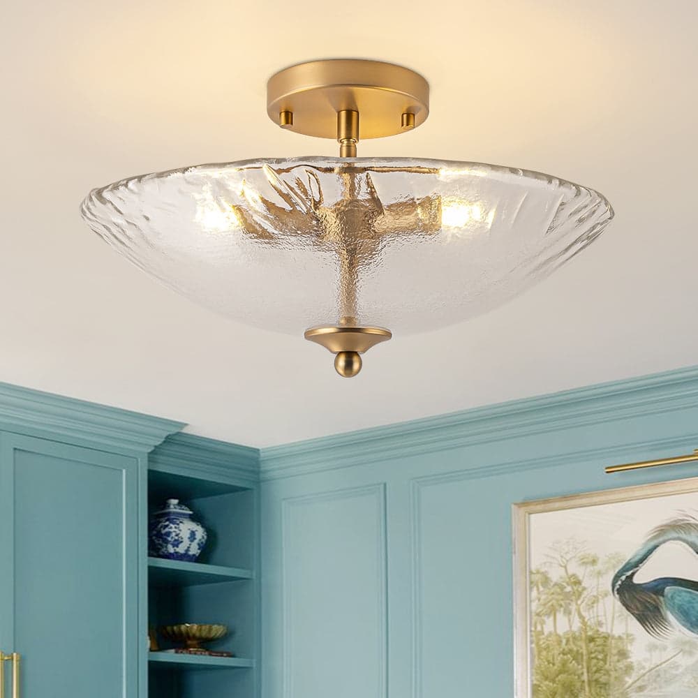 Mid-Century Brass Round Glass Bowl Semi Flush Ceiling Light 15in