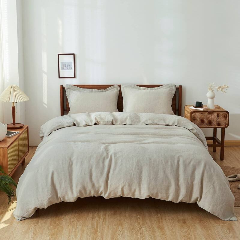 100% Linen Duvet Cover Set 3pcs Basic Natural French Washed Flax Soft Breathable Farmhouse Bedding with Button Closure, Queen
