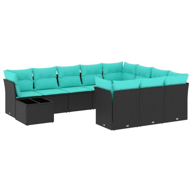 vidaXL 11 Piece Patio Sofa Set with Cushions Black Poly Rattan - 145.6x27.2x92.2