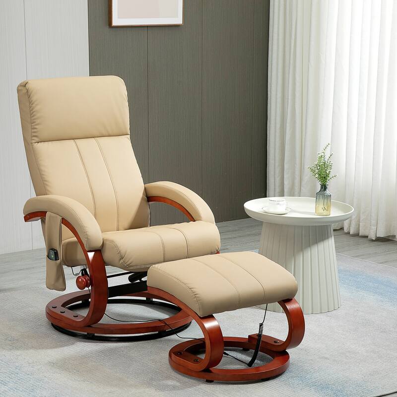 Modern Swivel Wood Base Leather Massage Recliner Chair with Ottoman, 10 Point Vibrating, 5 Modes, Remote and Side Pocket