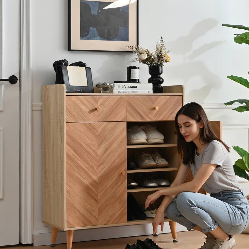 GDFStudio Thatch Shoe Cabinet with Commercial-Grade Laminate Herringbone Storage and Adjustable Shelves