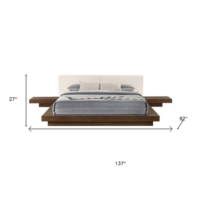 HomeRoots Walnut and White Wood And Faux Leather King Bed Frame With Attached Nightstands