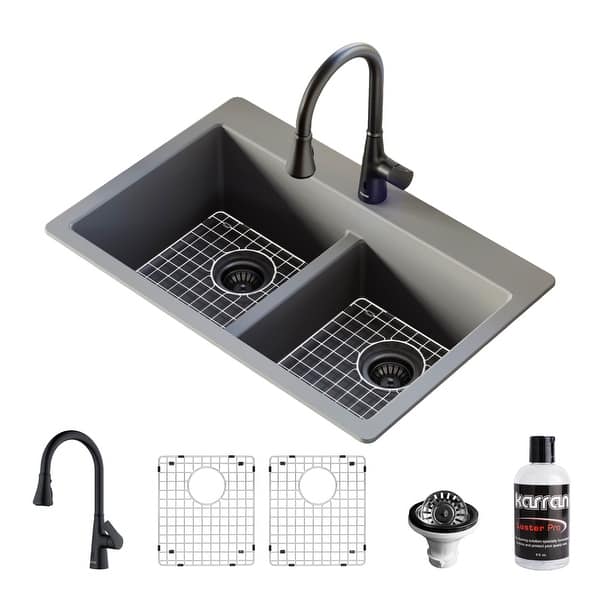 slide 2 of 11, Karran 33" Top Mount Double Bowl 50/50 Quartz Kitchen Sink in Grey with Kitchen Faucet in Matte Black