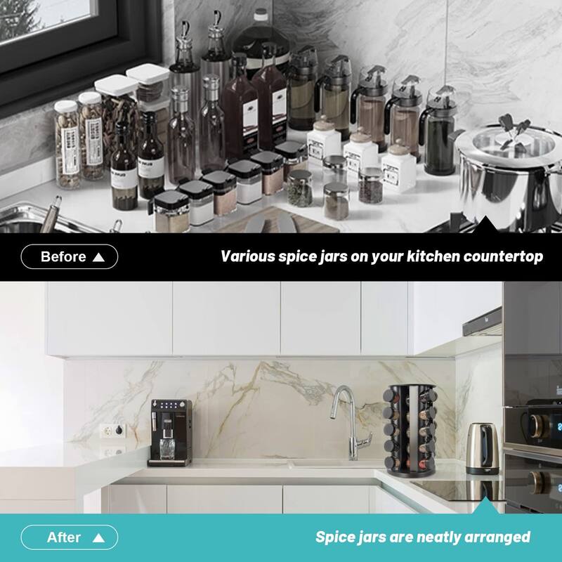 Black Countertop Rotating Spice Rack, Empty 20-Jars Revolving Spice Rack Organizer,135 Spice Labels with Funnel Complete Set